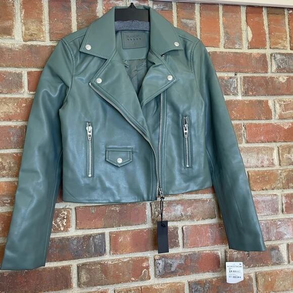 Blank NYC NWT Revolve Green Notched Collar Zip Up Faux Leather Moto Jacket Small - Picture 4 of 11